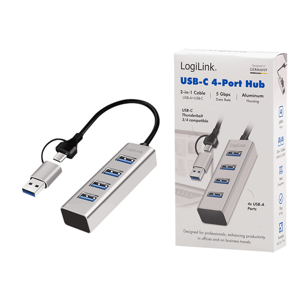 LogiLink USB 3.0-splitter 4x USB-A med 2-i-1 USB-A/USB-C 5 Gbps-kabel Silver