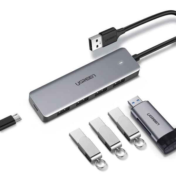 HUB USB Port Splitter - 4x USB 3.2 med Micro USB Strømport Grå
