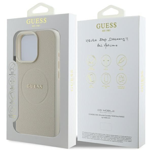 Guess Grained Ring MagSafe -kotelo iPhone 16 Pro Maxille, beige