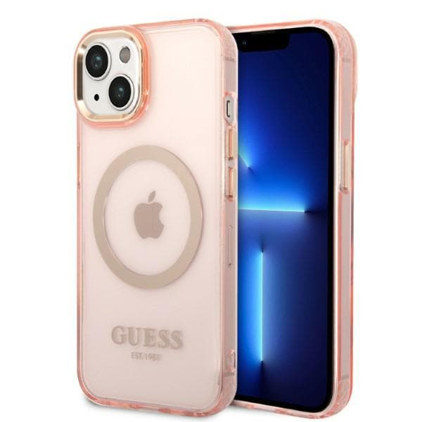 Guess Gold Outline Translucent MagSafe-etui til iPhone 14, lyserød