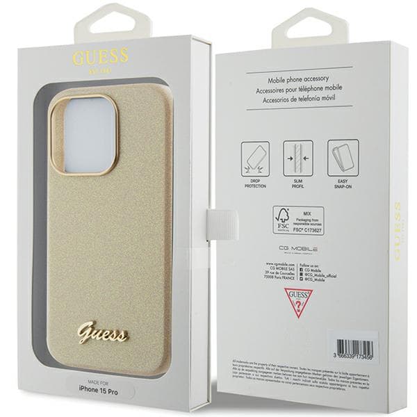 Guess Glitter Glossy Script-skal till iPhone 15 Pro, guld/ljusguld