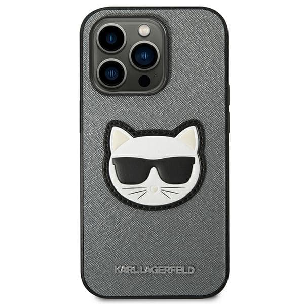 Karl Lagerfeld Saffiano Choupette Head Patch-etui til iPhone 14 Pro Max, sølv