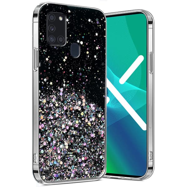 Samsung Galaxy A21S cover, glitrende, sort
