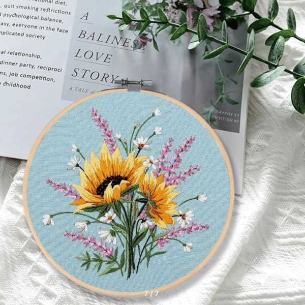 3-delt broderikit med gule blomster [D-ZH5]