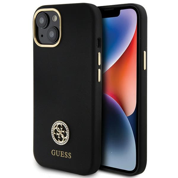 Guess Silikone Logo Strass 4G Etui til iPhone 15, Sort