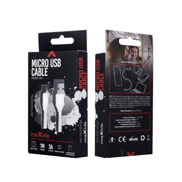 Maxlife-kabel MXUC-04 USB - microUSB 1,0 m 3A vit