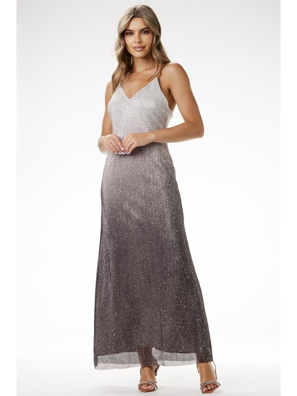 Paillette maxi aftenkjole med stropper, ombre-effekt - sort og hvid S