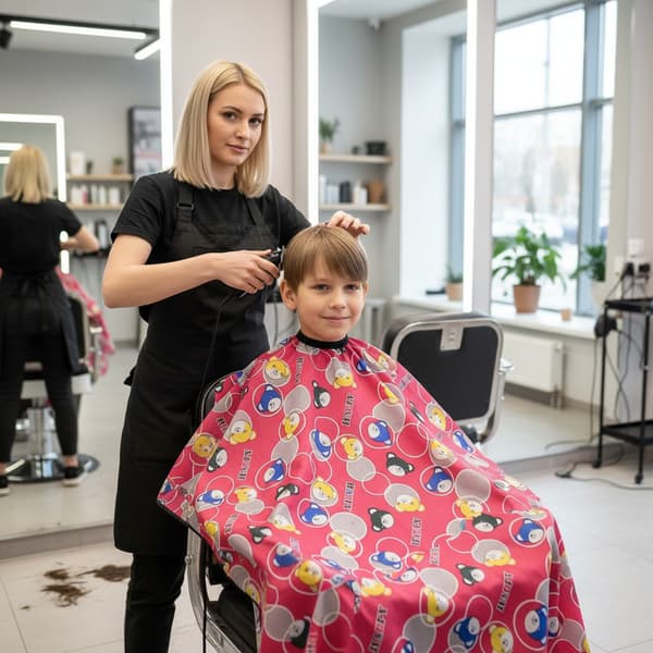 Barnfrisörkappa och hårklippningsförkläde