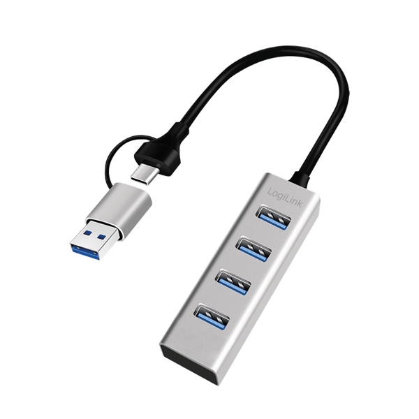 LogiLink USB 3.0-splitter 4x USB-A med 2-i-1 USB-A/USB-C 5 Gbps-kabel Silver