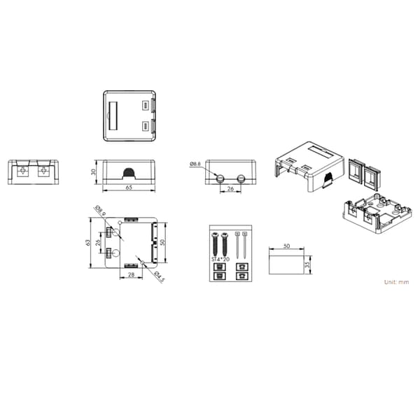 LogiLink utanpåliggande box 2 Keystone-moduler RJ45 USB Cat.6A Snap-in Vit