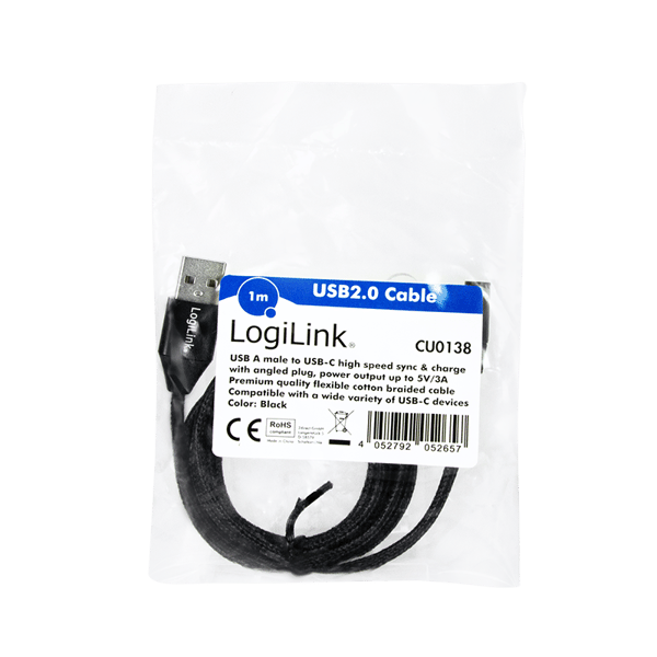 USB-C 90° til USB-A kabel, stof, 1m, sort,