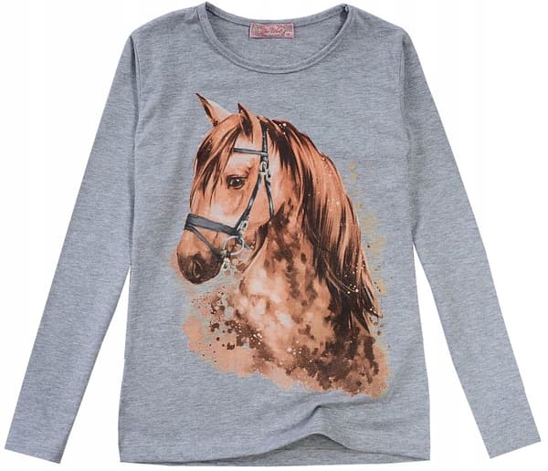 Pige bluse bomuld langærmet hest grå 134