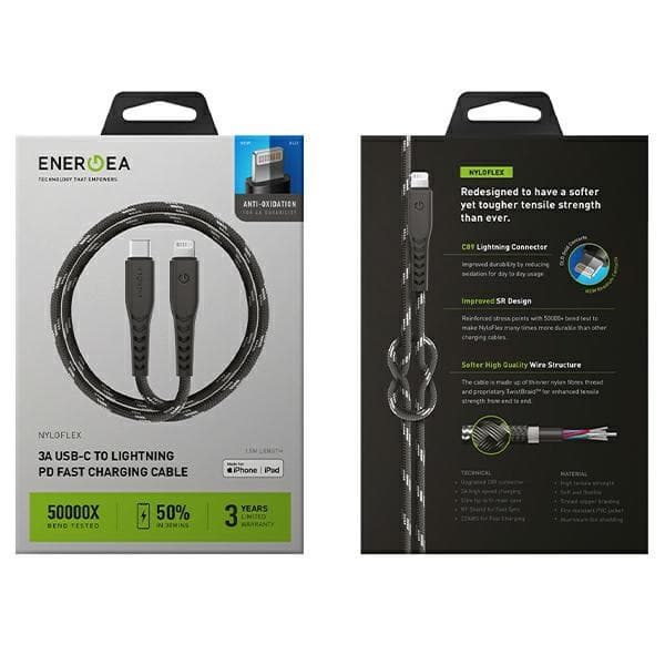 ENERGEA Nyloflex USB-C - Lightning C94 MFI-kabel 1,5m sort/sort