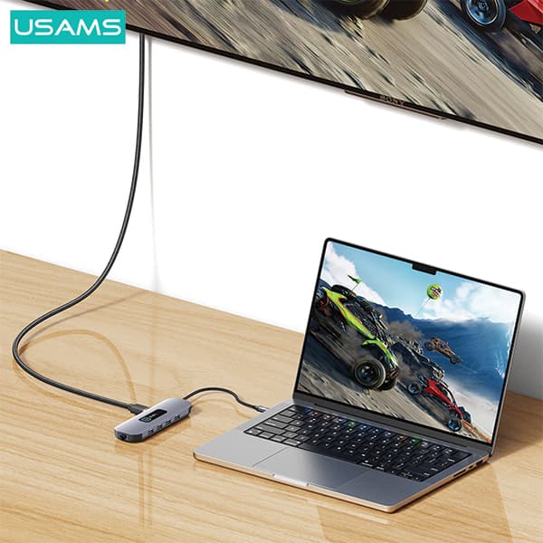 USAMS HUB 10in1 -sovitin 3xUSB 3.0/TF/SD/USB-C/HDMI/RJ45/VGA PD100W harmaa