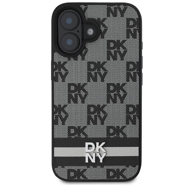 DKNY cover med ternet mønster og trykte striber til iPhone 16, sort