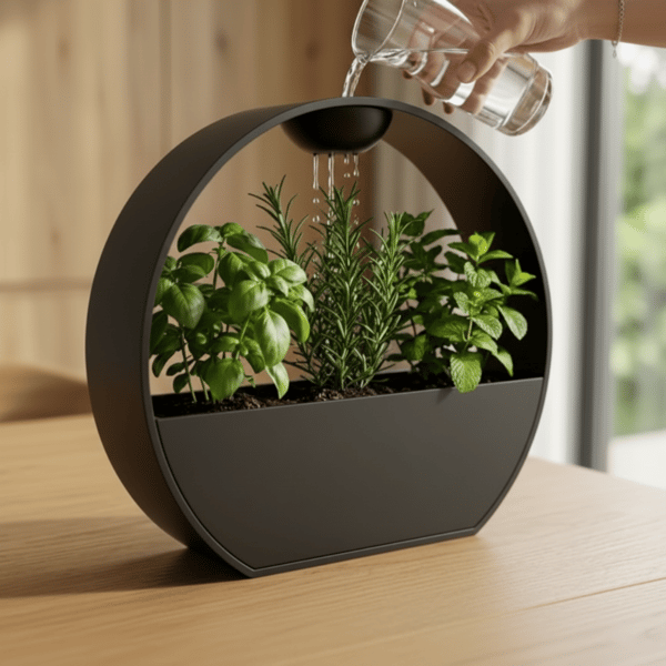 Sort urtepotte med vandingssystem til planter med stenlook