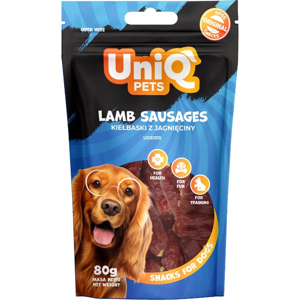 Delikatess, snack til hunde Bløde lammepølser UniQ Pets 80g