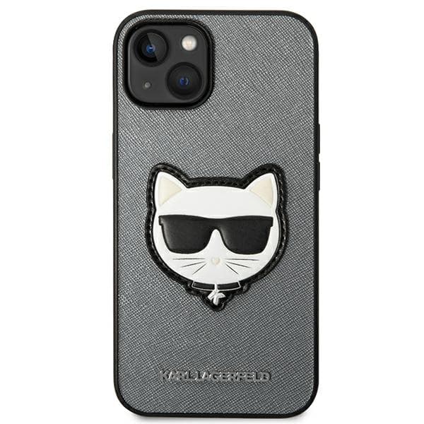 Karl Lagerfeld Saffiano Choupette Head Patch-etui til iPhone 14 Plus, sølv