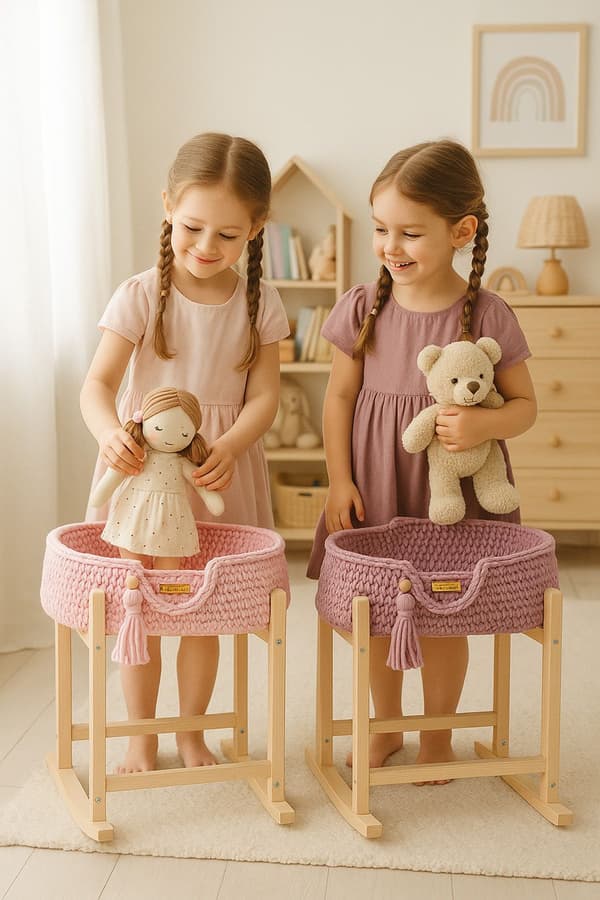 Moses Basket BOHO Bomullsdockbärare med Trävagga - Rosa