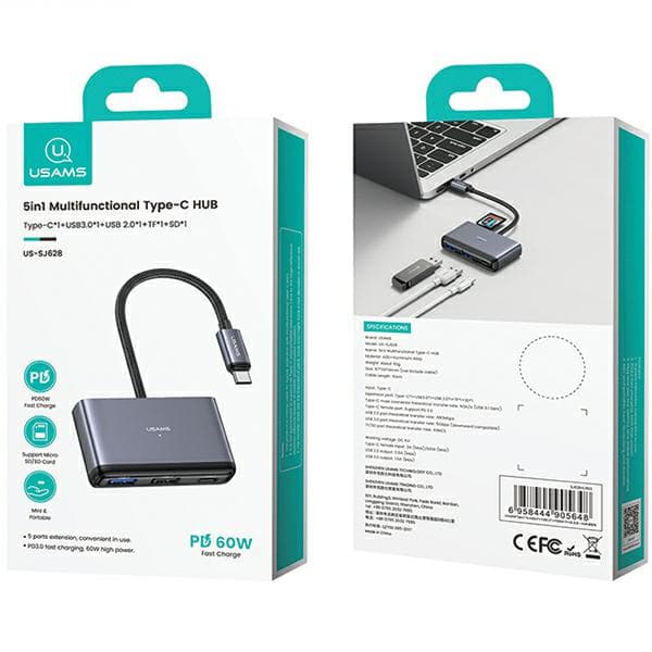USAMS HUB 5-in-1 -sovitin USB 2.0/USB 3.0/USB-C/TF/SD Harmaa