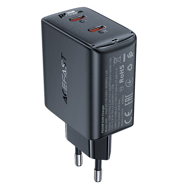 Hurtig GaN 35W PD 2x USB-C vægoplader sort