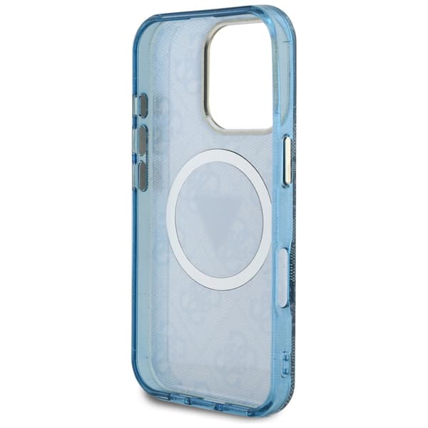 Guess IML Metal Glitter 4G Circle Triangle MagSafe-etui til iPhone 16 Pro blå