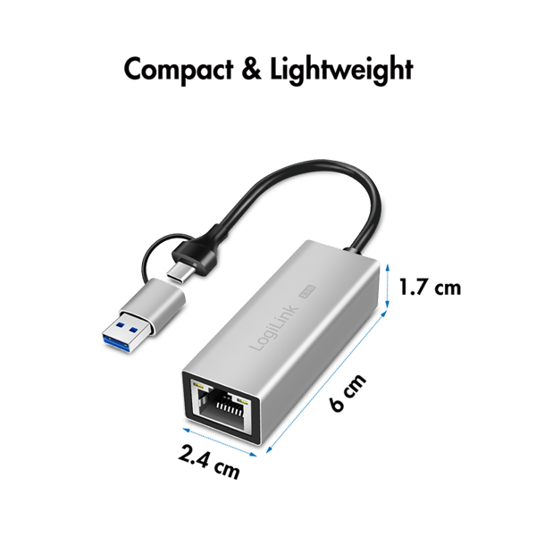 Logilink 2.5G USB-C/A netværksadapter, ideel til pc, Mac, hurtigt internet