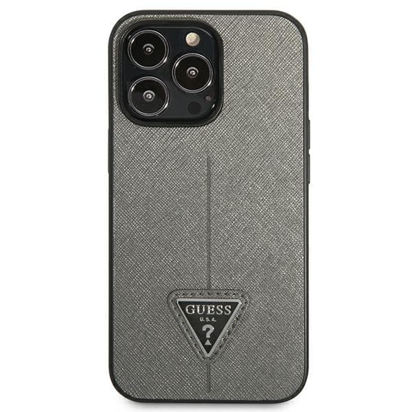 Guess Saffiano Triangle Logo-cover til iPhone 14 Pro Max, sølv