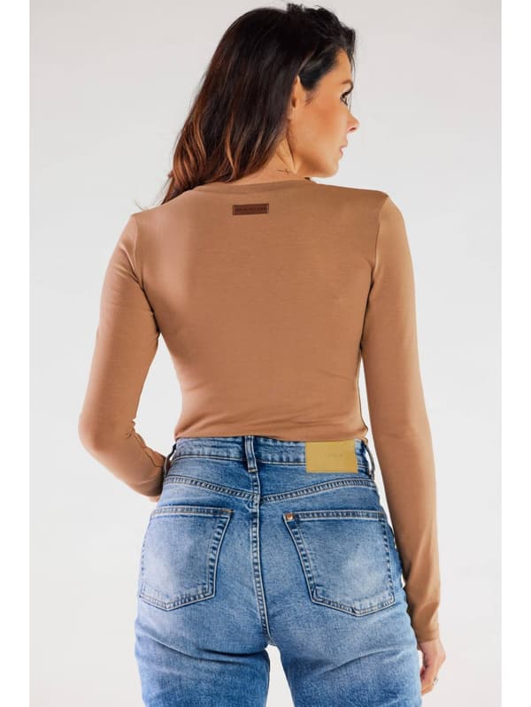 Enkel bomullsblus med V-ringning, beige L