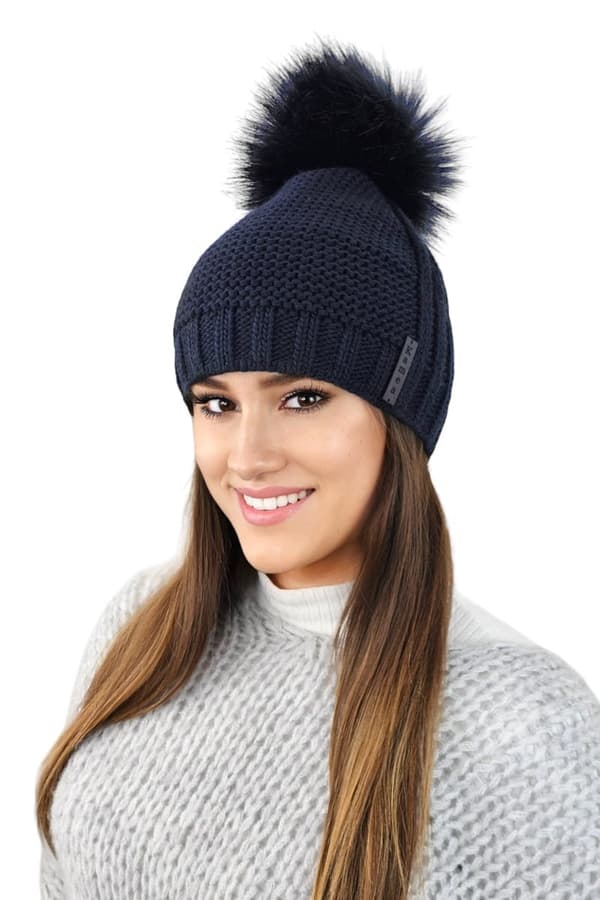 FIONA dam vinterfleecemössa med pompom, marinblå