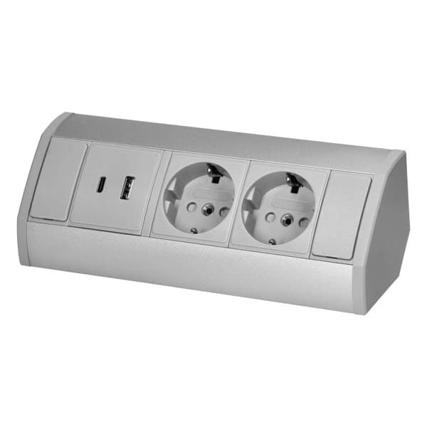 Tuplakalustepistorasia 2xSchuko 2xUSB tyyppi A+C 5V 2.4A harmaa-hopea