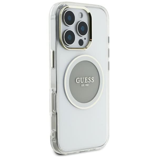 Guess IML Metal Colored Circle Classic Logo MagSafe -kotelo iPhone 16 Pro Maxille, harmaa
