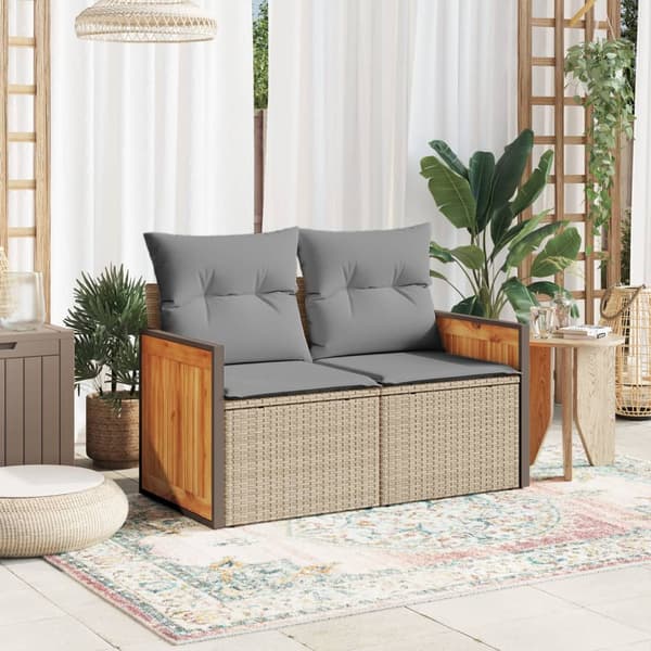 vidaXL Trädgårdssoffa med kuddar, 2-sits, beige, polyrotting
