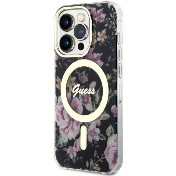 Guess Flower MagSafe -kotelo iPhone 14 Prolle, musta