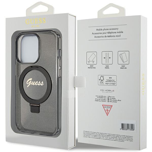 Guess Ring Stand Script Glitter MagSafe -kotelo iPhone 15 Prolle, musta