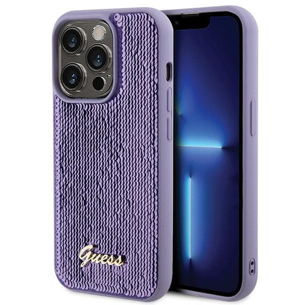 Guess Sequin Script -metallikuori iPhone 15 Pro Maxille, violetti