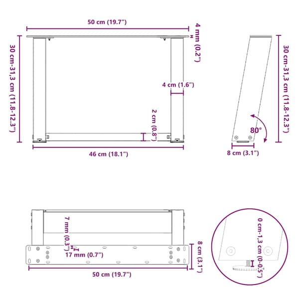 vidaXL sofabordsben, 2 stk., sort, 50x(30-31) cm, stål