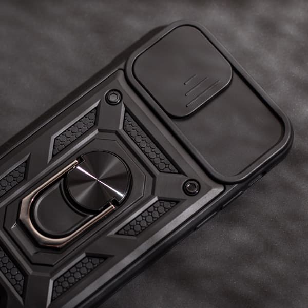 Etui til iPhone 15 Pro Max, pansret slidering, sort + 9H glas