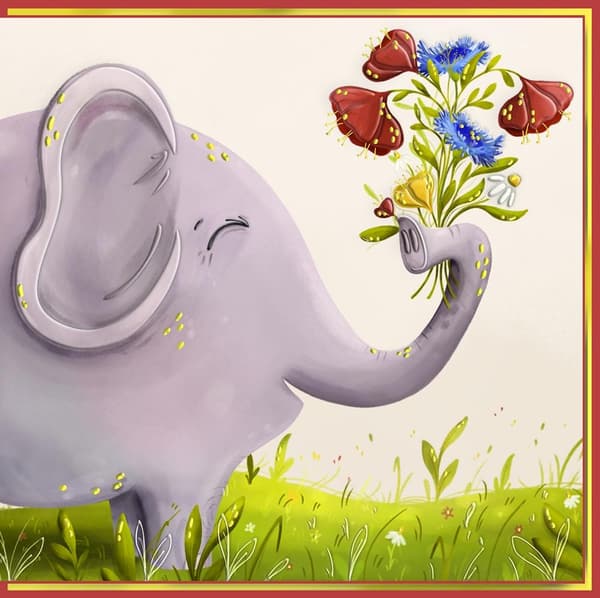 KW Elefant med bukett-kort