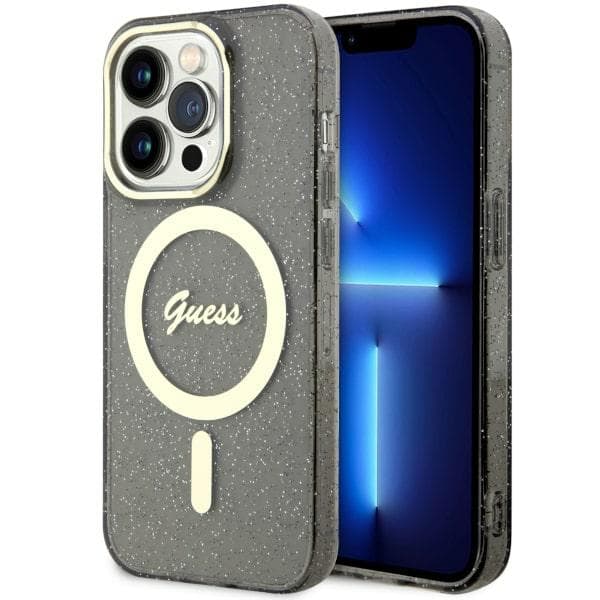 Guess Glitter Gold MagSafe-etui til iPhone 14 Pro, sort