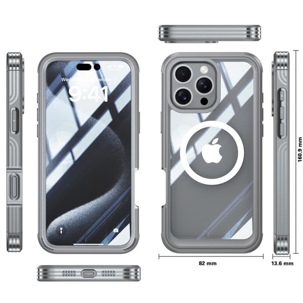 Stötsäkert skal med glas till iPhone 16 Pro Max, grått