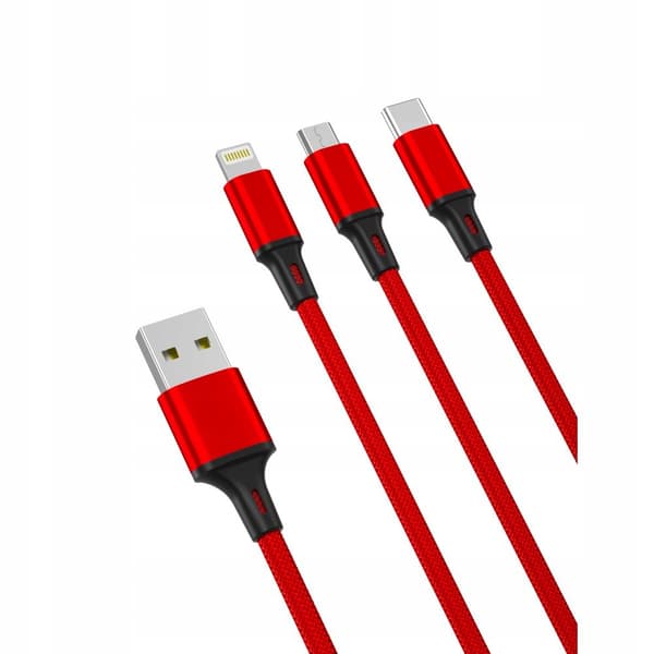 USB - USB typ C / microUSB / Lightning-kabel 1,2 m röd XO 3in1