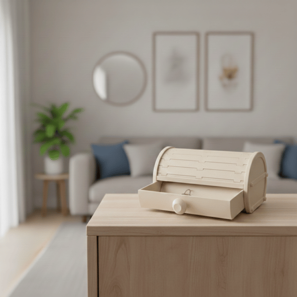 Beige kommode med skuffe, beholder til smykker, nøgler
