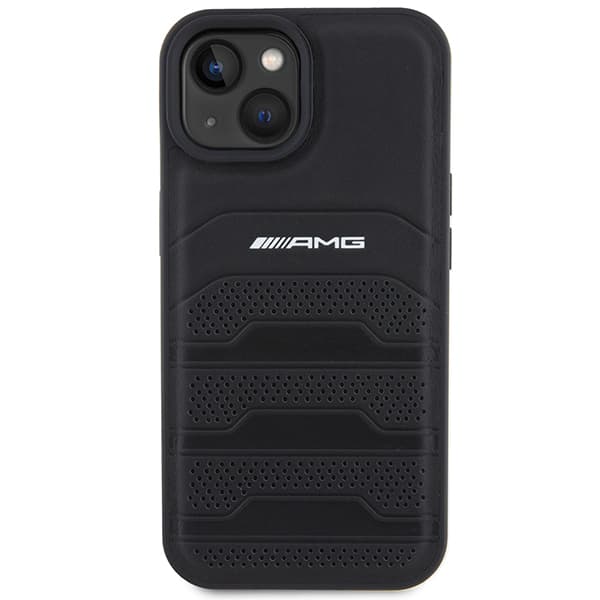 AMG lædercover med prægede linjer og sort logo til iPhone 15 Plus, sort