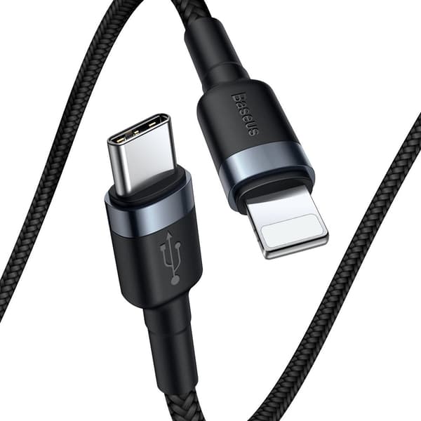 Slitstark nylonkabel USB-C PD iPhone Lightning 18W QC3.0 1m svart-grå