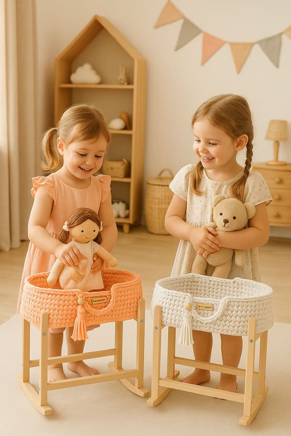 Moses Basket BOHO Bomullsdockbärare med Trävagga - Persika