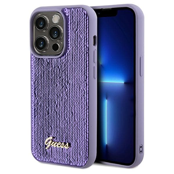 Guess Sequin Script -metallikuori iPhone 14 Pro Maxille, violetti