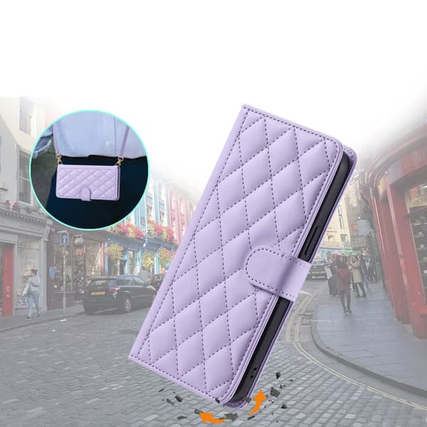 iPhone 16 Pro Rhombus Axelremsfodral i Läder, Lila