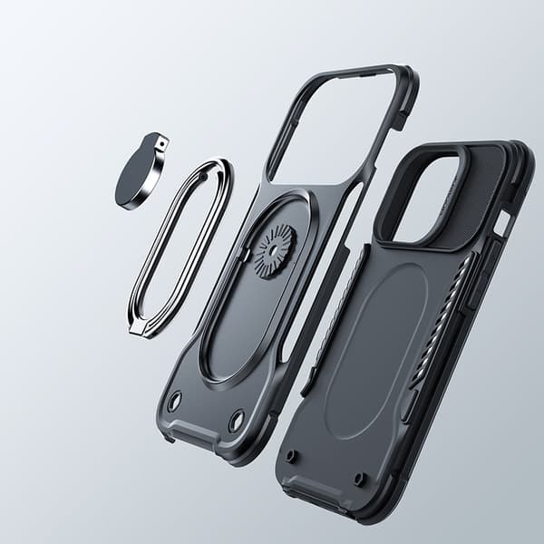 Etui til iPhone 14 Plus, pansret cover med stativ og ringholder, sort