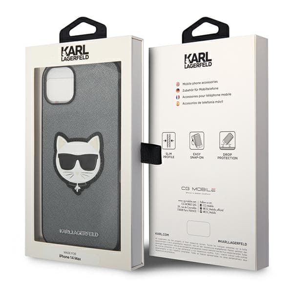Karl Lagerfeld Saffiano Choupette Head Patch-etui til iPhone 14 Plus, sølv